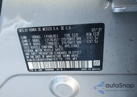 2022 Honda Hr-V Awd Lx из США, поврежденный, VIN 3CZRU6H38NM703776